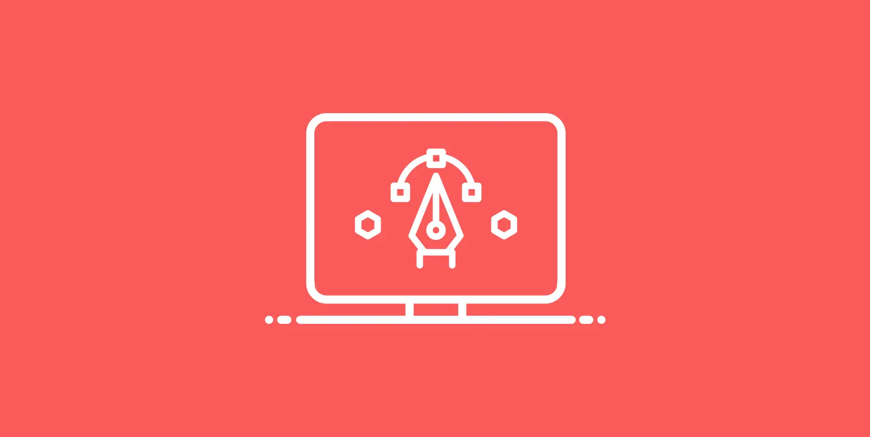 Laptop screen with graphic design pen tool icon on red background – symbolizing digital design tools.