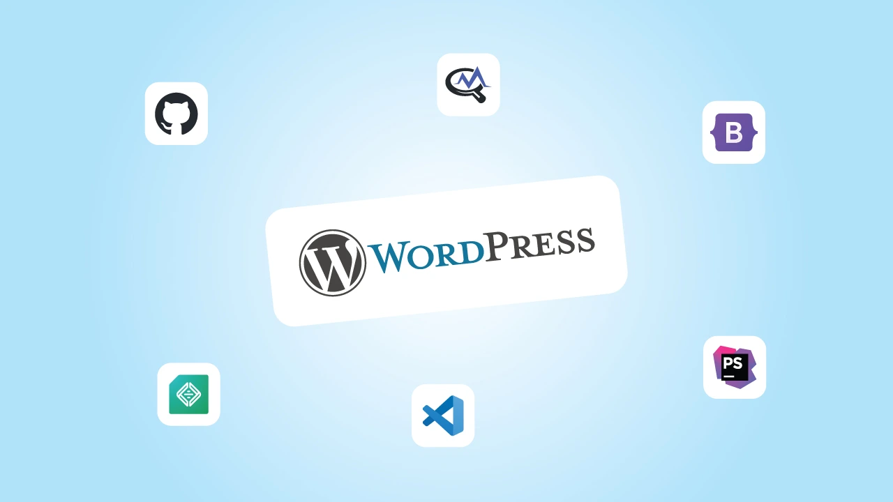 WordPress logo surrounded by popular web development tools including GitHub, Google Analytics, Bootstrap, Visual Studio Code, JetBrains PhpStorm, and custom code icon, on a light blue background.